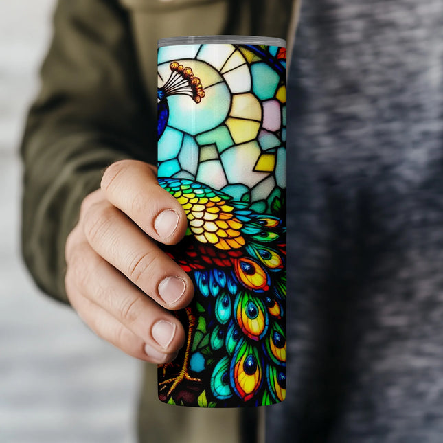 Sublimation design with peacock and nature-inspired stained glass art for 20oz tumbler projects.