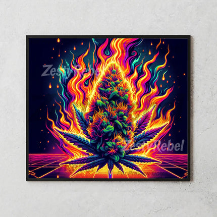 High-res sublimation design with flaming weed art and vibrant color gradients for POD or DIY tumblers.