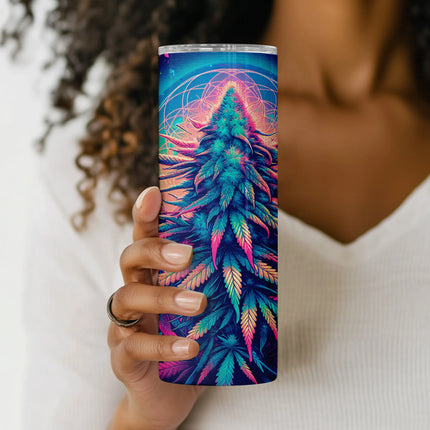 Tumbler wrap PNG featuring neon weed art, sacred geometry, and futuristic vaporwave elements for POD.