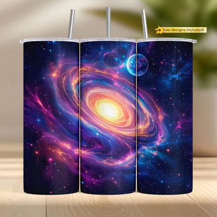 Bright neon galaxy swirl tumbler wrap PNG with vibrant pink, blue, and yellow for sublimation crafts.