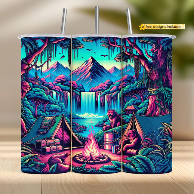 Buy neon jungle bear camping tumbler png for sublimation – vibrant forest wrap with tents and fire