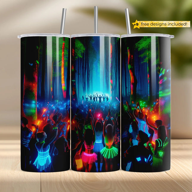 Buy tumbler png for sublimation – neon forest rave wrap with glow lights and dancing crowd