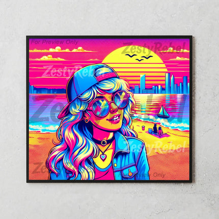 Bright sublimation design featuring retro sunglasses girl and beach scene for 20oz tumblers.