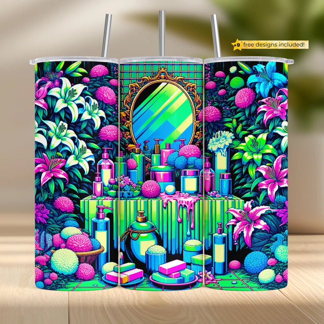 Tumbler wrap PNG featuring neon vanity table with glowing skincare products, perfumes, and lush flowers.