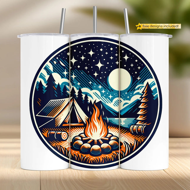 Buy night campfire tumbler png for sublimation – forest tent wrap with stars and full moon