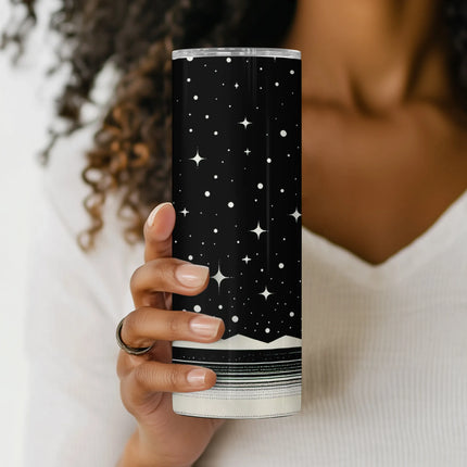 Celestial tumbler design featuring a clean black sky with white stars and peaks, perfect for crafting.