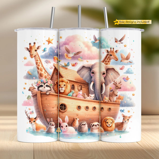 Noah’s Ark tumbler wrap design with elephants, giraffes, lions, and animal pairs under pastel rainbow skies.
