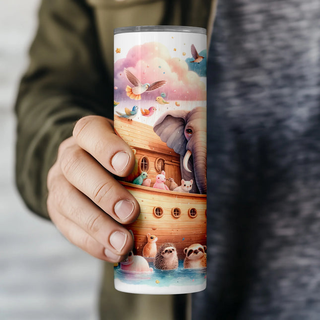 Flat PNG file preview of seamless Noah’s Ark tumbler wrap with sweet cartoon animals and dreamy cloudscape.
