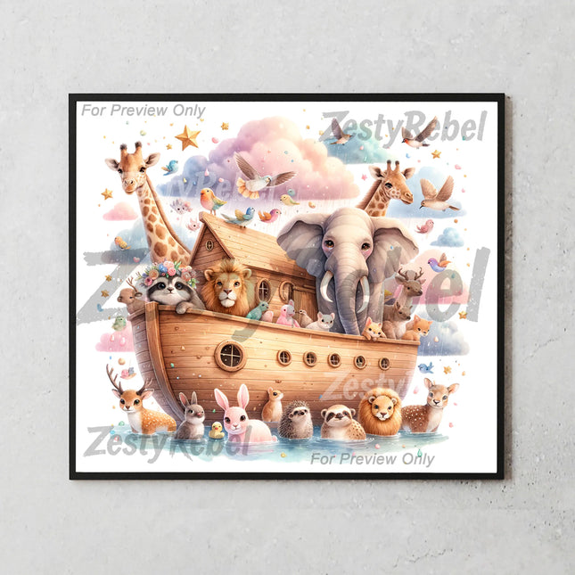 Mockup of 20oz skinny tumbler showing whimsical ark filled with animals, floating clouds, and doves.