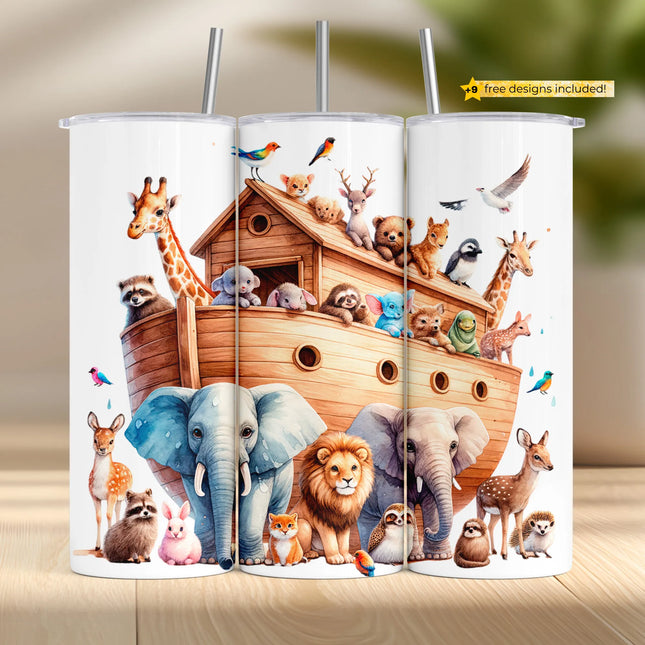 Noah’s Ark tumbler sublimation wrap PNG featuring cute animal pairs, perfect for DIY crafting and print on demand drinkware.