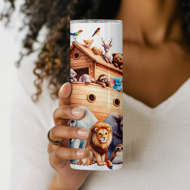 Close-up of Noah’s Ark tumbler wrap PNG with giraffes, lions, and elephants—ideal for tumbler sublimation and DIY crafting projects.