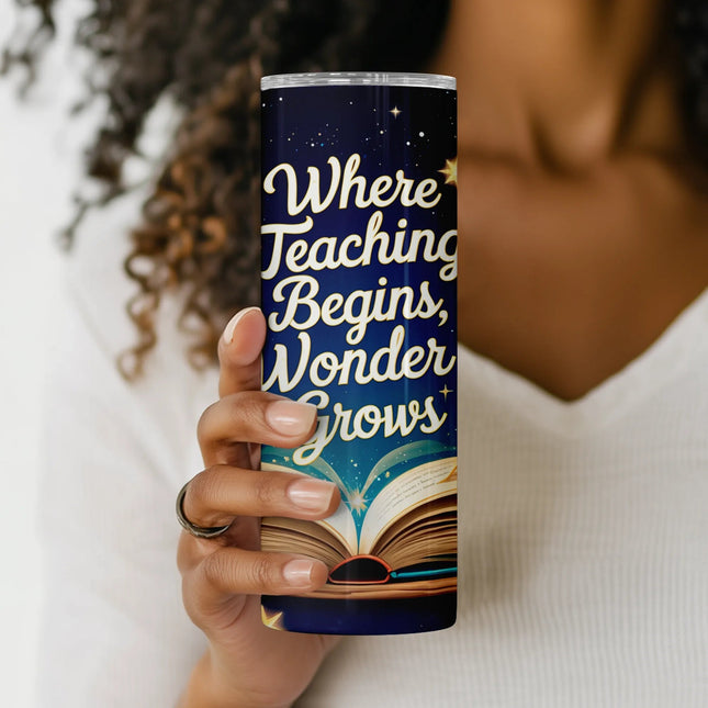 Close-up of glowing books and fantasy-style stars on this teaching-themed tumbler wrap PNG for crafting and POD.