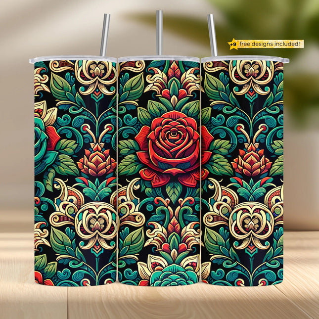 Buy tumbler png ornate rose design – rich floral sublimation wrap for drinkware and clipart bundle use