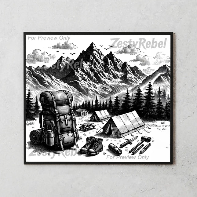 20oz tumbler wrap with black and white wilderness sketch including boots, tools, and tents for DIY crafting.