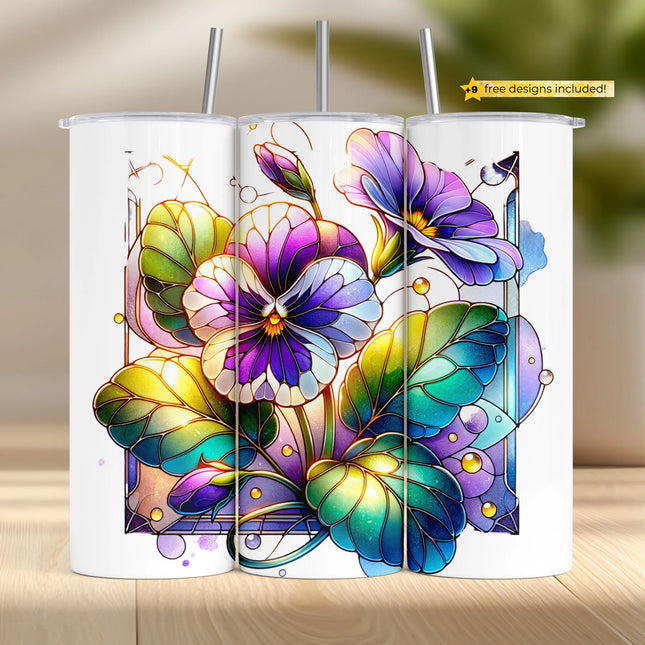 Buy pansy tumbler png stained glass wrap – ideal for sublimation, drinkware and floral crafting