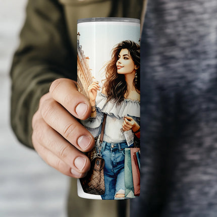 Digital sublimation PNG wrap with a stylish woman and Paris-style buildings – perfect for fashion lovers.