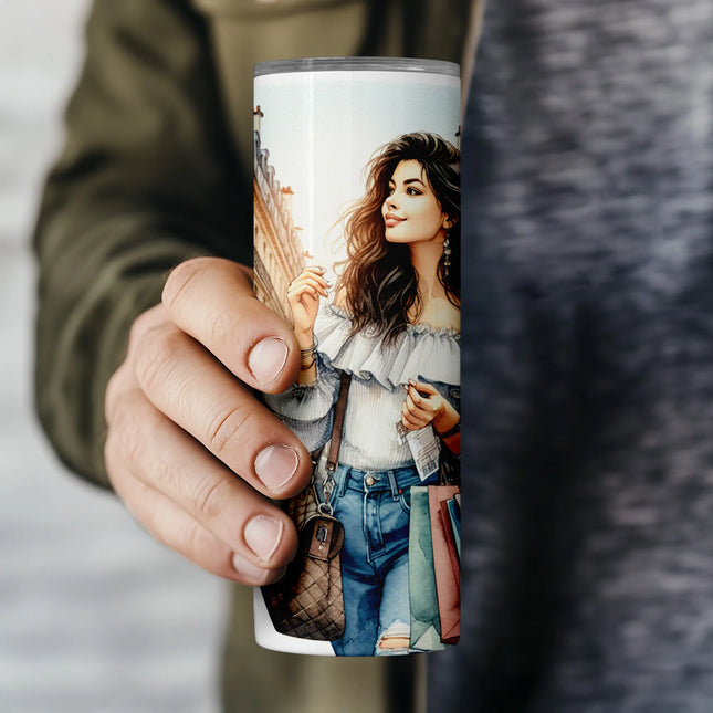 Digital sublimation PNG wrap with a stylish woman and Paris-style buildings – perfect for fashion lovers.