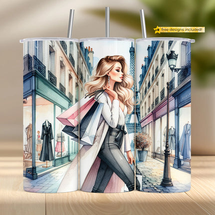 Tumbler wrap PNG of a fashionable blonde woman with boutique bags strolling through elegant Parisian streets.