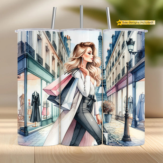 Tumbler wrap PNG of a fashionable blonde woman with boutique bags strolling through elegant Parisian streets.