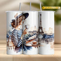 French girl with coffee and book near Eiffel Tower – chic PNG for sublimation crafts.