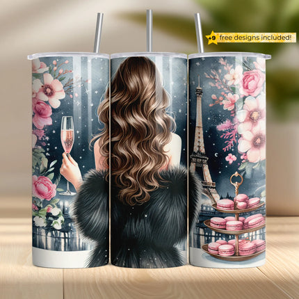 Elegant woman with fur wrap, Eiffel Tower view, and macarons – Paris sublimation PNG for tumblers.