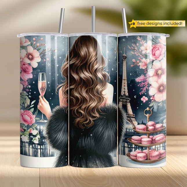 Elegant woman with fur wrap, Eiffel Tower view, and macarons – Paris sublimation PNG for tumblers.