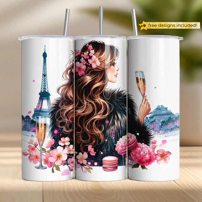 Elegant woman with champagne, Eiffel Tower, macarons and blossoms – sublimation PNG.