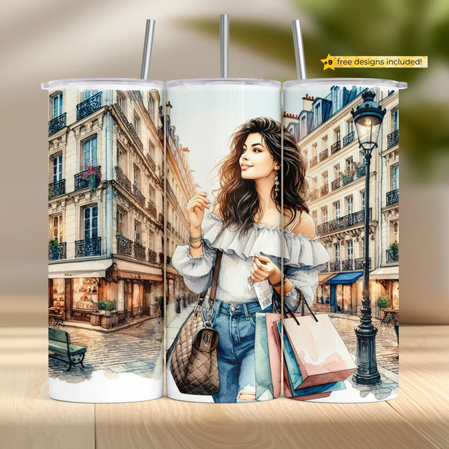 Sublimation wrap PNG of a fashionable woman with bags strolling through a charming Parisian street.