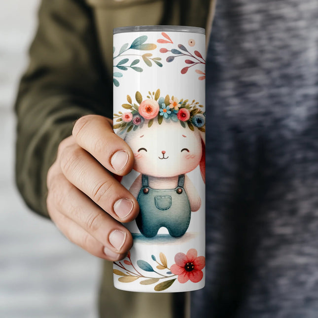 High-res tumbler wrap with smiling bunny and soft floral border for spring season