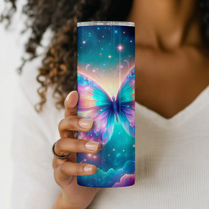 Pastel butterfly flying through fantasy galaxy sky on a 20oz tumbler sublimation wrap.