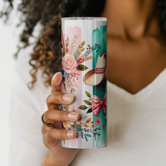 Digital wrap for 20oz tumblers featuring watercolor instruments and western accessories for cowgirl DIY.