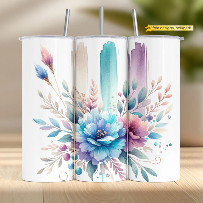 Buy pastel floral tumbler png for sublimation – soft watercolor digital download wrap