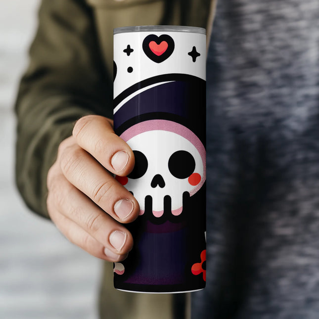 Pastel goth style tumbler wrap PNG featuring a cute reaper and playful Halloween elements for sublimation.