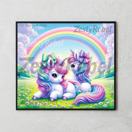 Kawaii unicorn pair with pastel rainbow background, ideal for sublimation gifts and crafting.