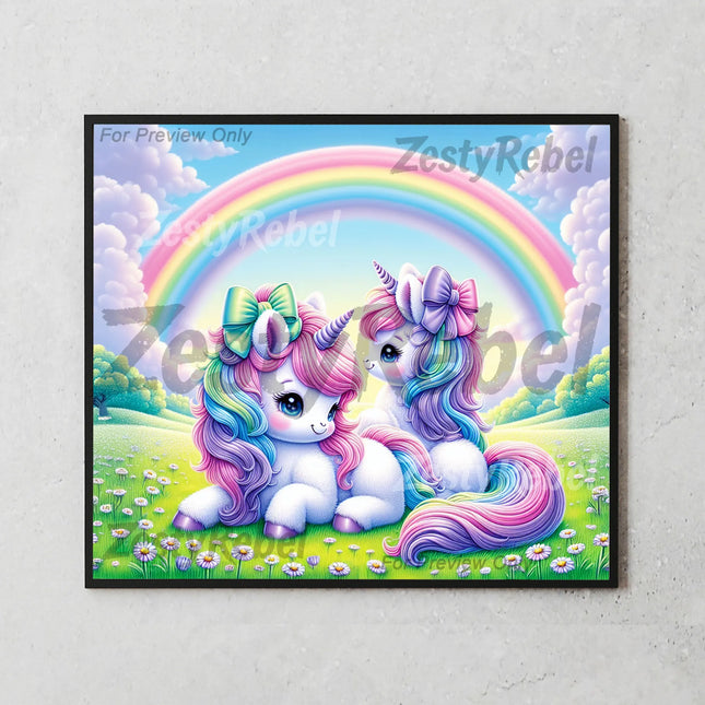 Kawaii unicorn pair with pastel rainbow background, ideal for sublimation gifts and crafting.