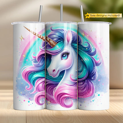 Glitter unicorn tumbler design with swirled rainbow mane and golden horn in dreamy pastel tones.