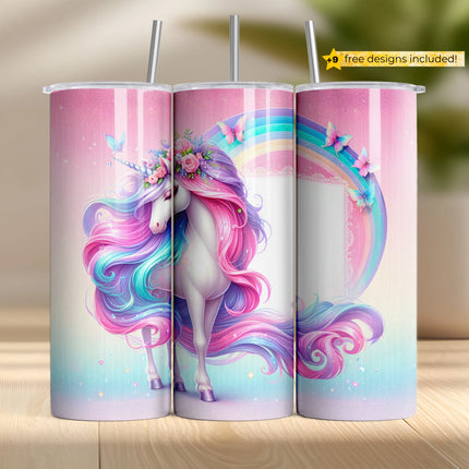Elegant unicorn with rainbow and flower crown for tumbler wrap sublimation projects.