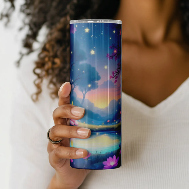 Sublimation PNG with soft unicorn dreamscape, cherry blossoms, and magical sunset reflections.