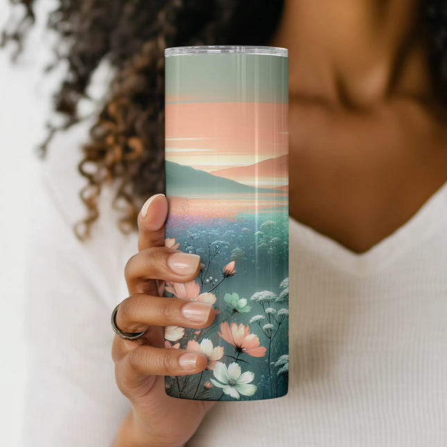 Close-up view of flower details, foggy fields, and soft sunset tones in nature-inspired tumbler design.