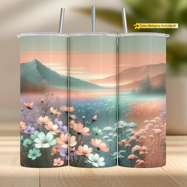 Tumbler wrap with soft pastel mountain landscape and blooming wildflowers under a peaceful sky.