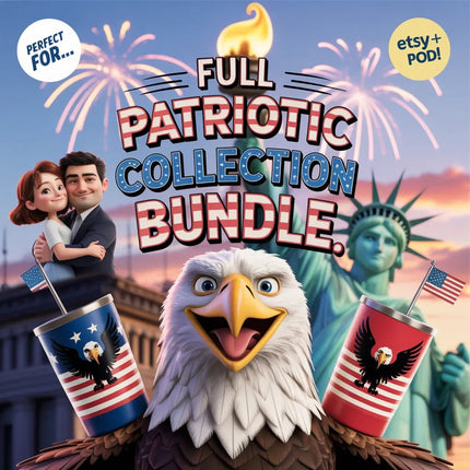 Full Patriotic Collection Bundle with bold 4th of July SVGs, Statue of Liberty, fireworks, American flag tumblers & a proud bald eagle. Perfect for print on demand, Etsy sellers & crafters wanting fast, free, affordable designs to make money. Ideal for Memorial Day, Independence Day, USA pride projects. Includes cartoon couples, liberty icons & eagle clipart. Sell digital products, DIY printables, sublimation, trending holiday bundle, instant download, patriotic crafts, Etsy POD, cheap & vir