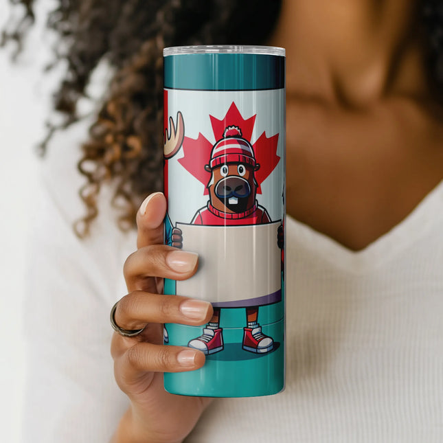 Canada Day tumbler wrap featuring iconic animals and red maple leaf flair.