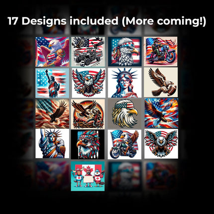 Bundle 17 Epic Patriotic Tumbler PNGs (More Coming!) Features bold USA flag art, eagles, Statue of Liberty, bikers & military pride in vivid red, white & blue. Ideal for 4th of July, Memorial Day & American pride crafts. Includes sublimation-ready, high-res files for tumblers, mugs, POD & Etsy. Make money, sell digital products, quick downloads, print on demand, free updates for life. Trending on Pinterest, DIY friendly, cheap & profitable for crafters & Etsy sellers.