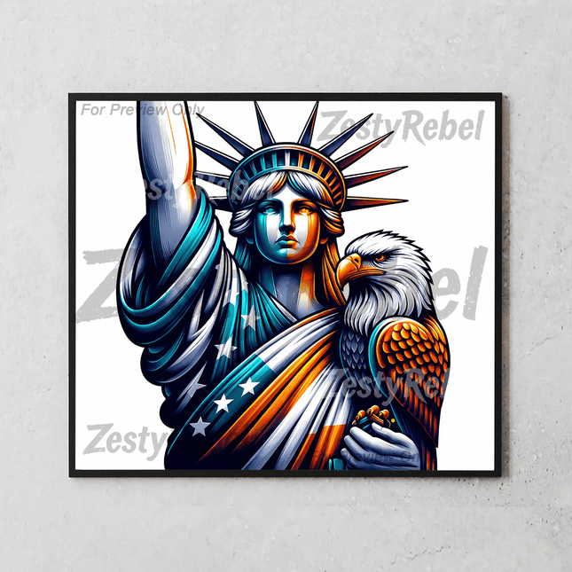 Mockup of 20oz skinny tumbler featuring bold patriotic sublimation wrap with eagle and Lady Liberty – for POD or DIY use.