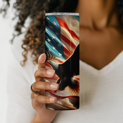 Flat PNG file preview of flying eagle and American flag tumbler wrap – seamless digital design for sublimation and print on demand.
