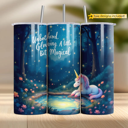 Magical unicorn tumbler wrap with quote, glowing stars, and forest flowers for sublimation projects.