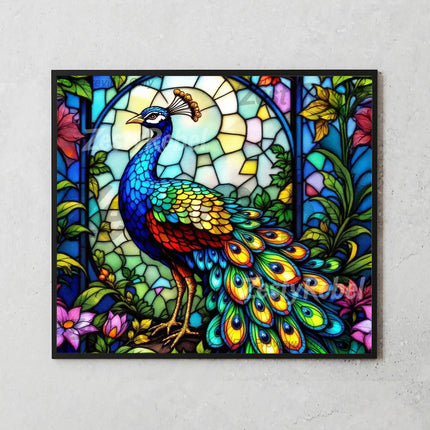 20oz sublimation PNG showing radiant peacock with iridescent tail and stained glass detailing.