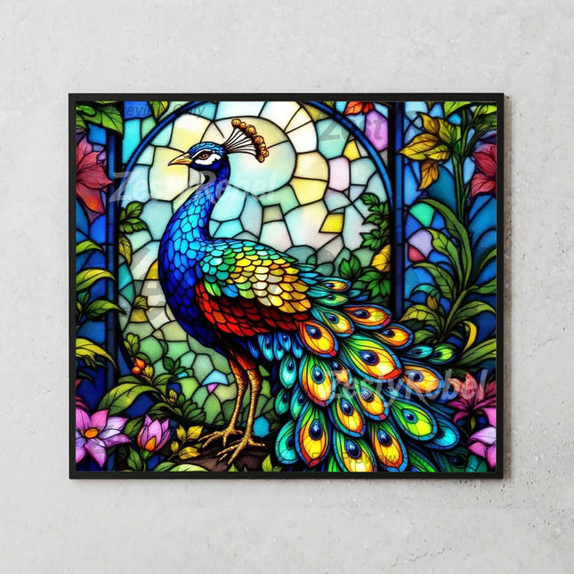 20oz sublimation PNG showing radiant peacock with iridescent tail and stained glass detailing.