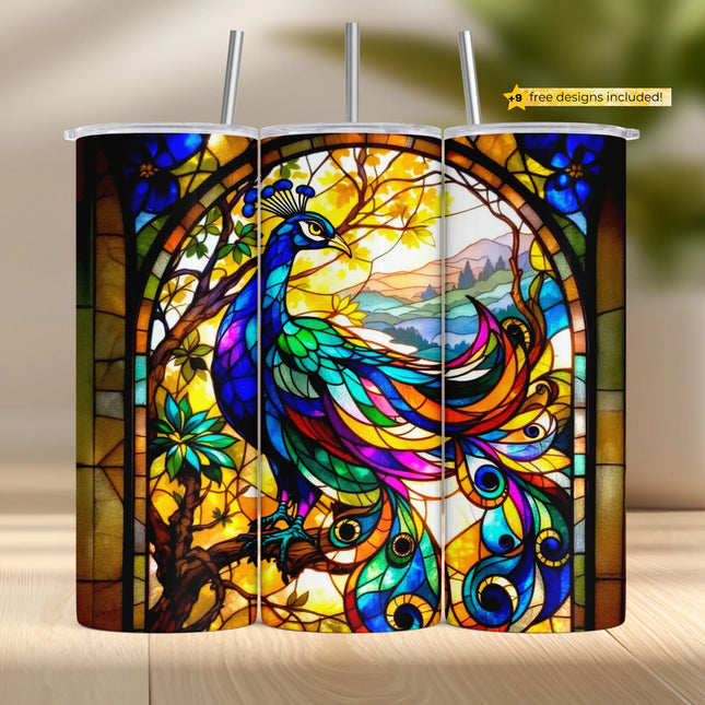 Buy tumbler png peacock stained glass design – sublimation wrap for elegant drinkware and wall art