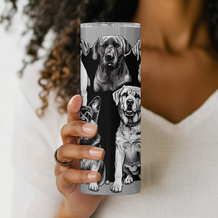 Dog lover tumbler design with monochrome pet sketches, perfect for sublimation or POD projects.